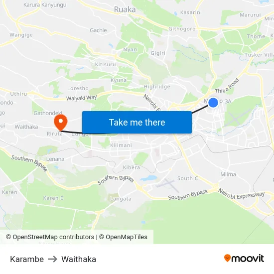 Karambe to Waithaka map