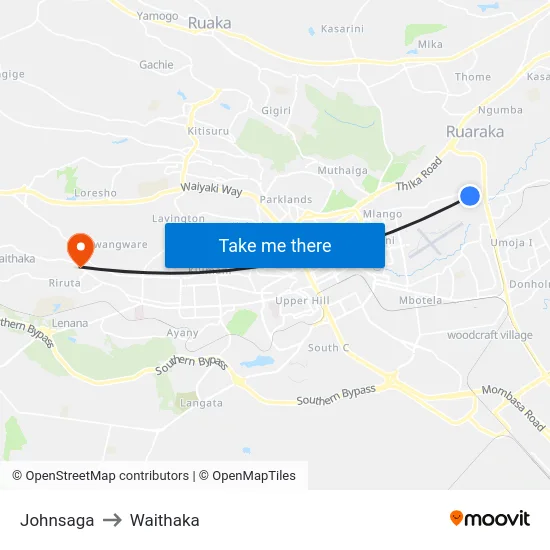 Johnsaga to Waithaka map