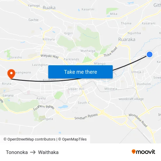 Tononoka to Waithaka map
