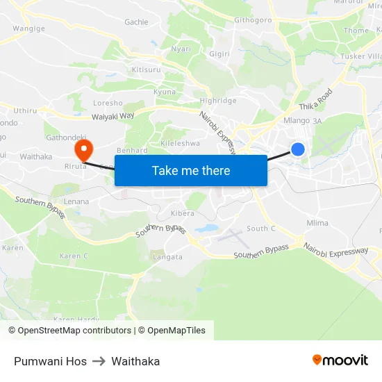 Pumwani Hos to Waithaka map