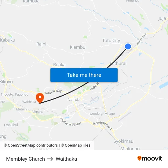 Membley Church to Waithaka map