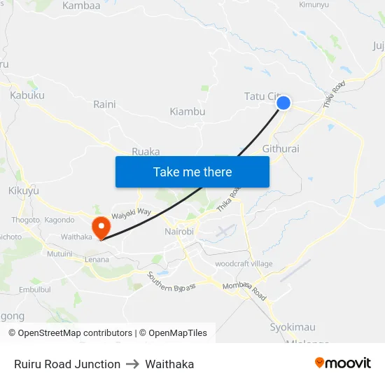 Ruiru Road Junction to Waithaka map