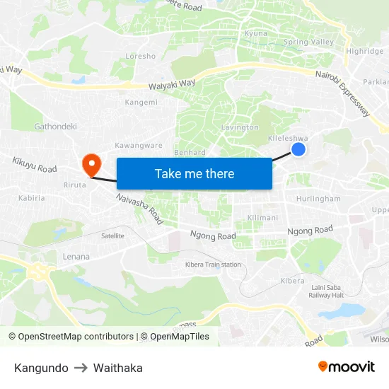 Kangundo to Waithaka map