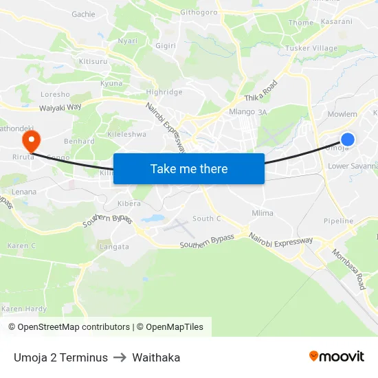 Umoja 2 Terminus to Waithaka map