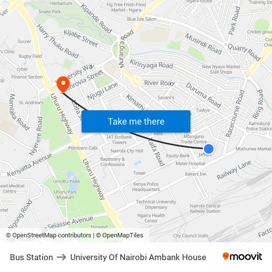 Bus Station to University Of Nairobi Ambank House map