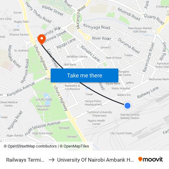 Railways Terminus to University Of Nairobi Ambank House map