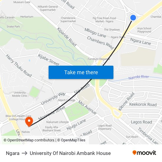 Ngara to University Of Nairobi Ambank House map