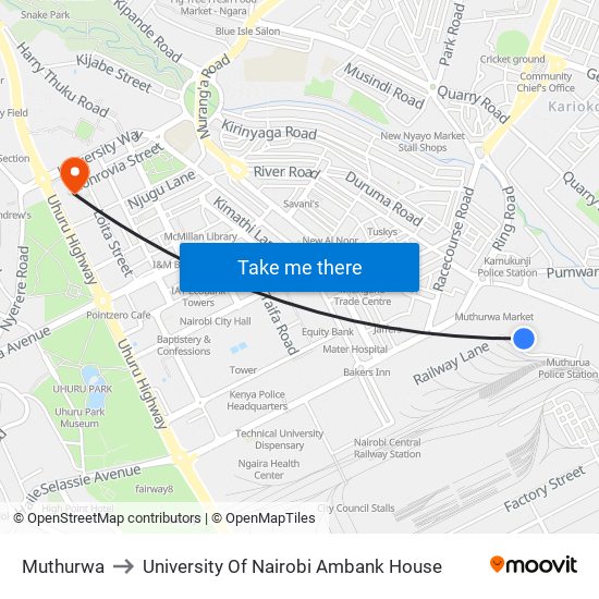 Muthurwa to University Of Nairobi Ambank House map