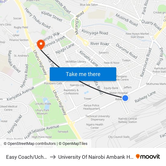 Easy Coach/Uchumi to University Of Nairobi Ambank House map