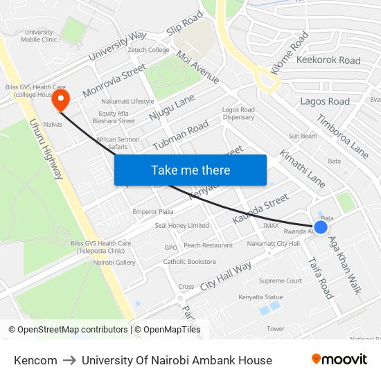 Kencom to University Of Nairobi Ambank House map