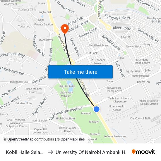 Kobil Haile Selassie to University Of Nairobi Ambank House map