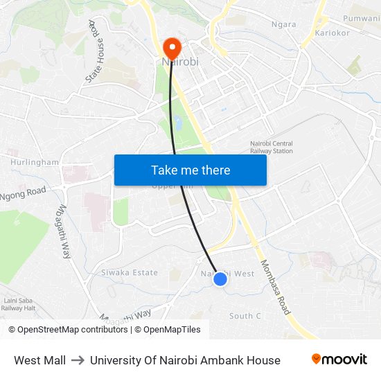 West Mall to University Of Nairobi Ambank House map