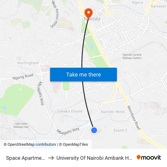 Space Apartments to University Of Nairobi Ambank House map
