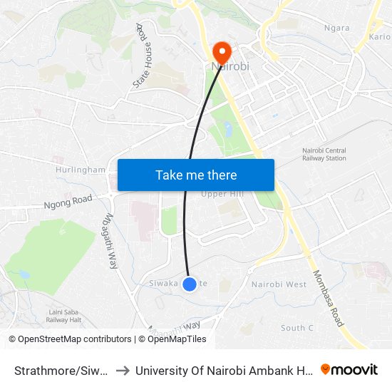 Strathmore/Siwaka to University Of Nairobi Ambank House map