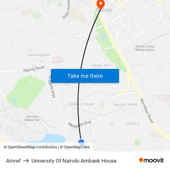 Amref to University Of Nairobi Ambank House map