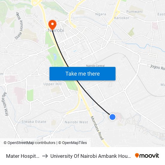 Mater Hospital to University Of Nairobi Ambank House map