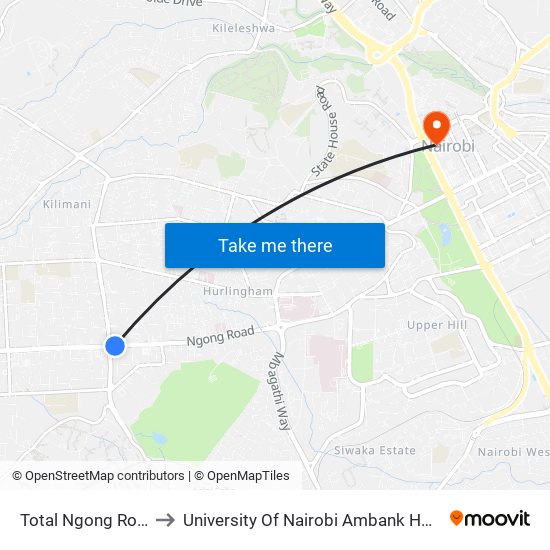 Total Ngong Road to University Of Nairobi Ambank House map