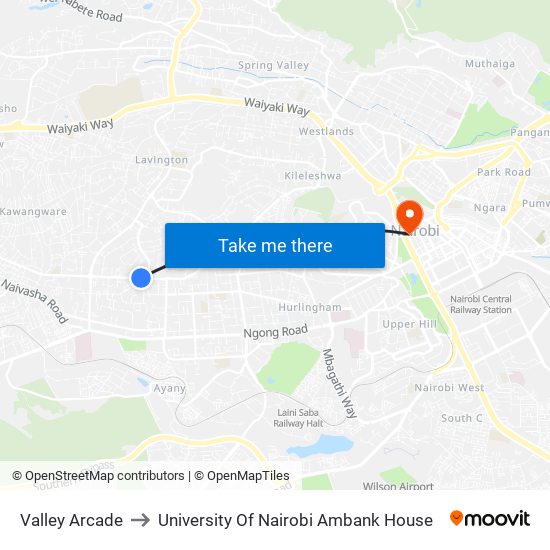 Valley Arcade to University Of Nairobi Ambank House map