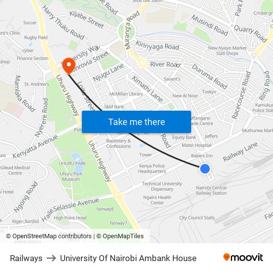 Railways to University Of Nairobi Ambank House map