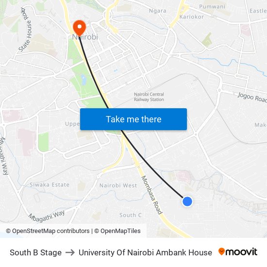 South B Stage to University Of Nairobi Ambank House map