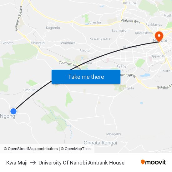 Kwa Maji to University Of Nairobi Ambank House map