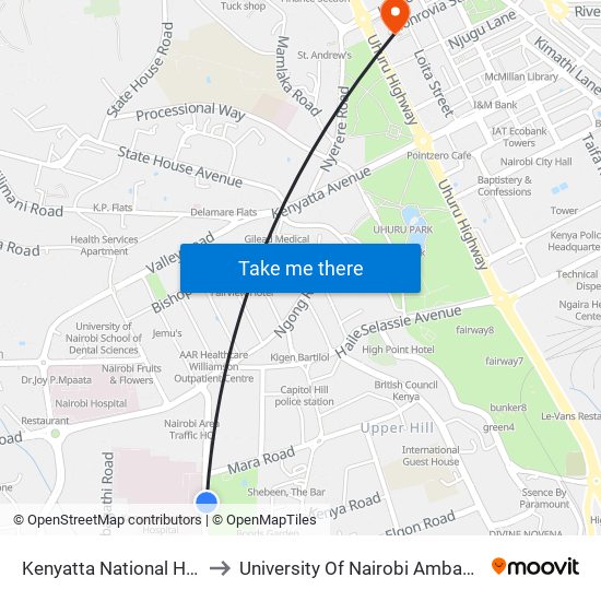 Kenyatta National Hospital to University Of Nairobi Ambank House map