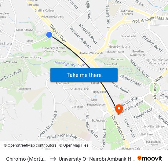 Chiromo (Mortuary) to University Of Nairobi Ambank House map