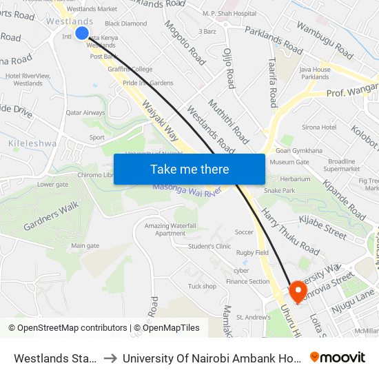 Westlands Stage to University Of Nairobi Ambank House map