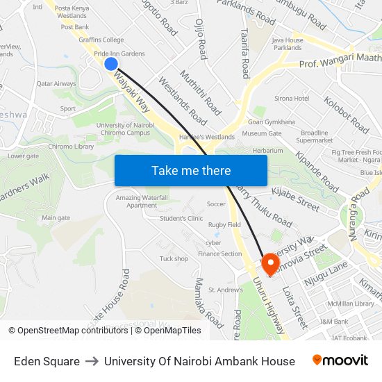 Eden Square to University Of Nairobi Ambank House map