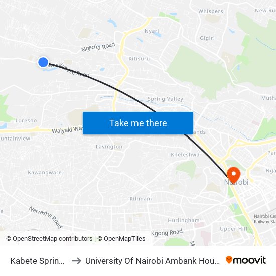 Kabete Springs to University Of Nairobi Ambank House map