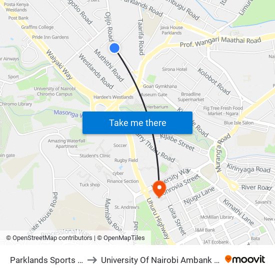 Parklands Sports Club to University Of Nairobi Ambank House map