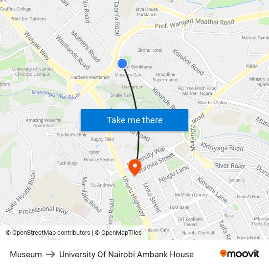 Museum to University Of Nairobi Ambank House map