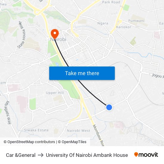 Car  &General to University Of Nairobi Ambank House map