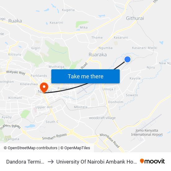 Dandora Terminal to University Of Nairobi Ambank House map