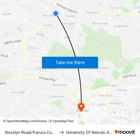 Rosslyn Road/Karura Community Chapel to University Of Nairobi Ambank House map