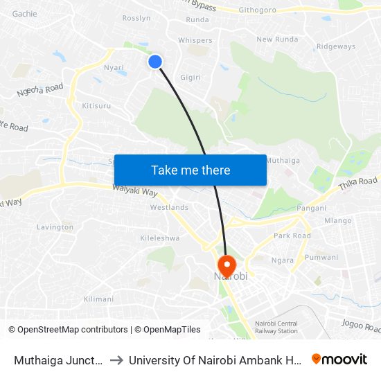 Muthaiga Junction to University Of Nairobi Ambank House map