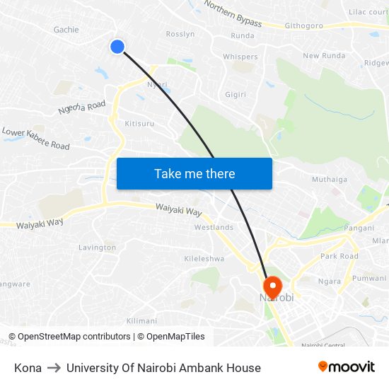 Kona to University Of Nairobi Ambank House map