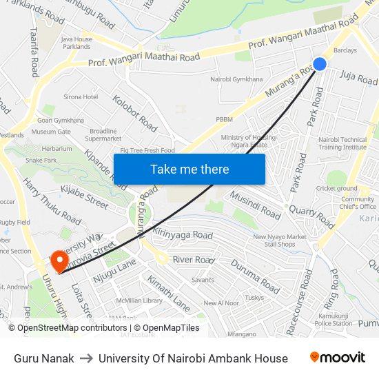 Guru Nanak to University Of Nairobi Ambank House map