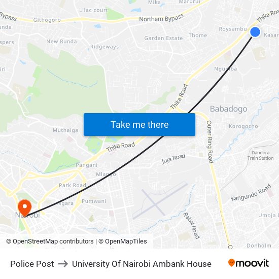 Police Post to University Of Nairobi Ambank House map