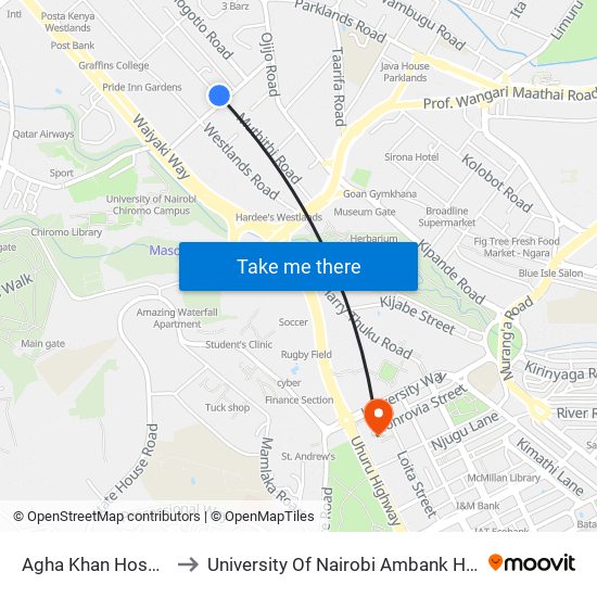 Agha Khan Hospital to University Of Nairobi Ambank House map