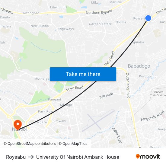 Roysabu to University Of Nairobi Ambank House map