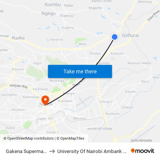 Gakena Supermarket to University Of Nairobi Ambank House map