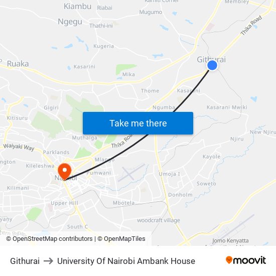 Githurai to University Of Nairobi Ambank House map