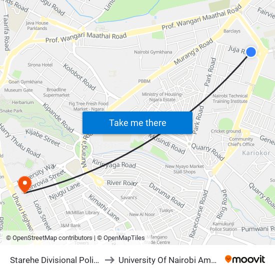 Starehe Divisional Police Station to University Of Nairobi Ambank House map
