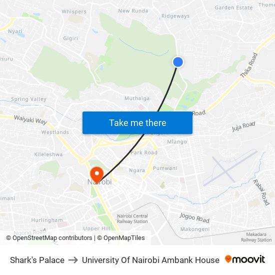 Shark's Palace to University Of Nairobi Ambank House map