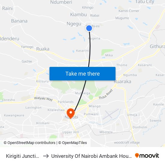 Kirigiti Junction to University Of Nairobi Ambank House map