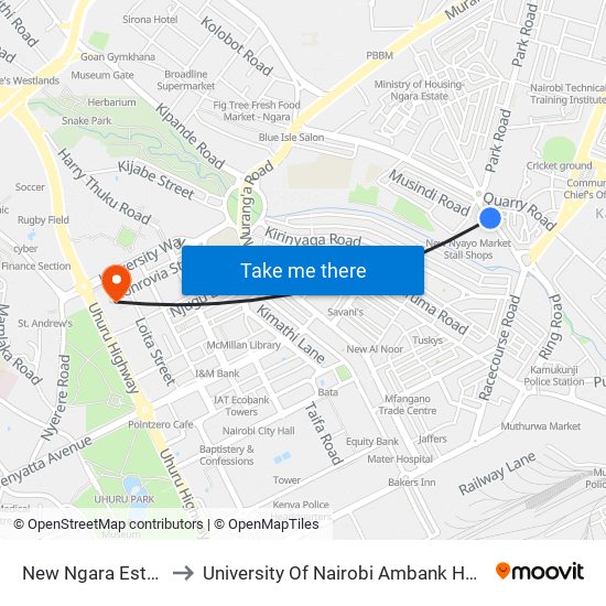 New Ngara Estate to University Of Nairobi Ambank House map