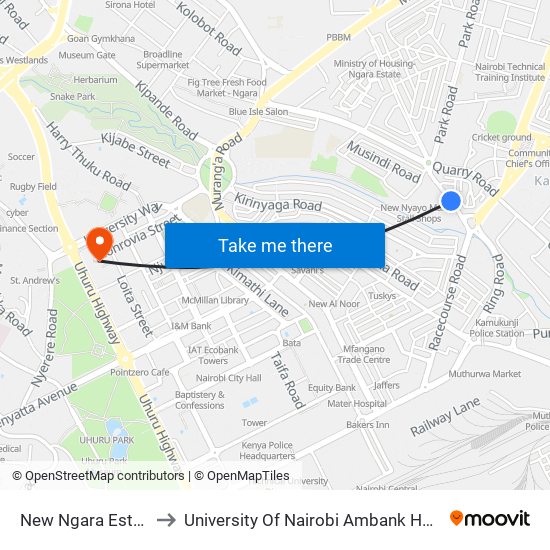 New Ngara Estate to University Of Nairobi Ambank House map