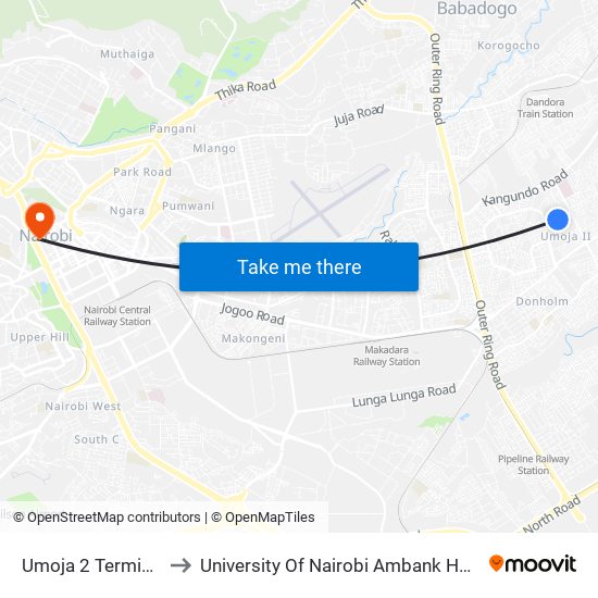 Umoja 2 Terminus to University Of Nairobi Ambank House map