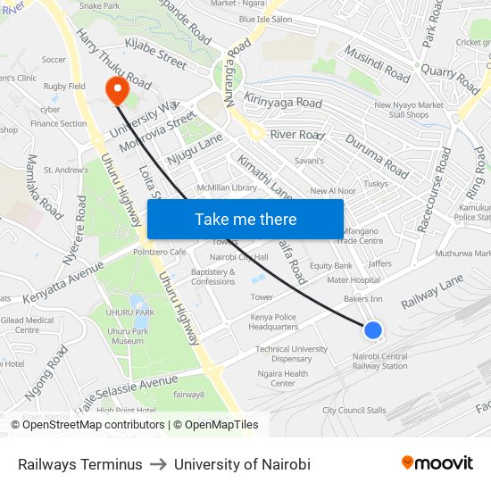 Railways Terminus to University of Nairobi map